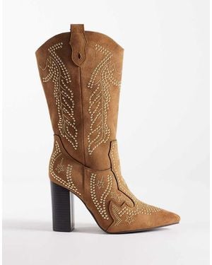 SEQWL Embelished Western Knee Boots - Brown