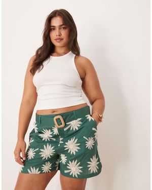 ASOS Asos Design Curve Runner Shorts With Embroidery And Belt Detail - Green