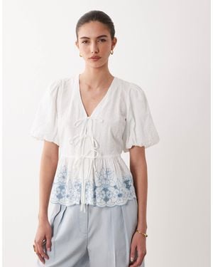 Nobody's Child Aries Cotton Puff Sleeve Tie Detail Contrast Embroidered Top - White
