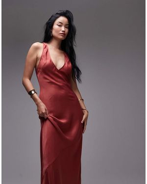 TOPSHOP Vestido Largo Muy Escotado De Satén De -Marrón - Rojo