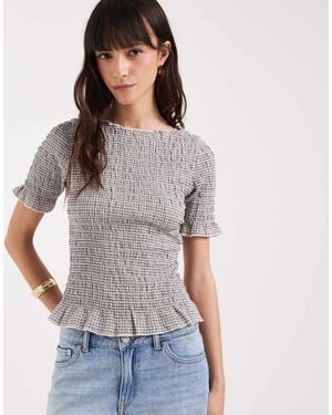 JJXX Shirred Top With Gingham Print - Grey