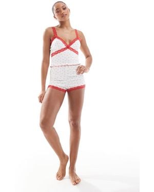 The Frolic Exclusive Pointelle Red Lace Trim Pyjama Shorts Co-ord - White