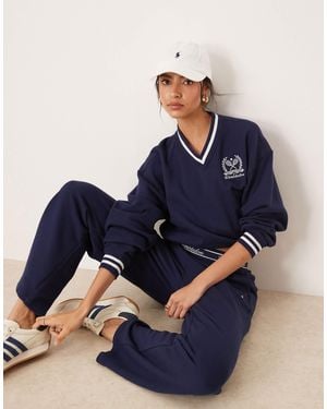 Polo Ralph Lauren Wimbledon Capsule Crest Logo Tipped V-neck Sweatshirt Co-ord - Blue