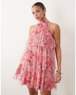 LACE & BEADS Tulle High Neck Layered Mini Dress - Pink