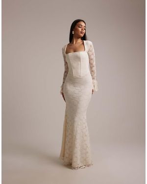 Wanderdoll Wander Doll Juliette Bridal Square Neck Corset Detail Bow Tie Sleeve Lace Maxi Dress - Natural