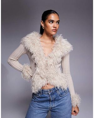 I.AM.GIA Cárdigan Holgado De Punto Compacto Con Cremallera Y Ribete De Piel Sintética De Pelo Largo Cressida De -Neutro - Gris