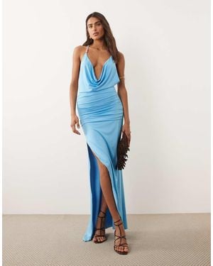Murci Slinky Halterneck Cowl Strappy Bead Detail Scallop Hem Maxi Dress - Blue