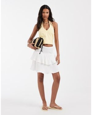 Vero Moda Minifalda Blanca Con Cintura Fruncida Y Volantes De Bambula-Blanco