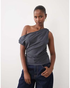 ASOS Top Met Linnenlook, Asymmetrische Gedrapeerde Hals - Blauw