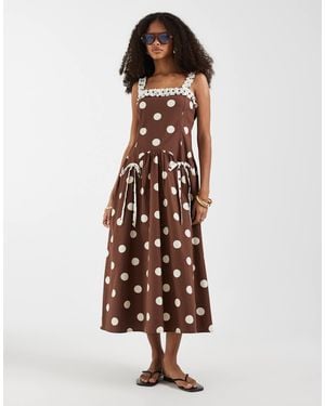 Neon Rose Bow Detailed Strap Midaxi Dress - Brown