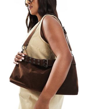 Glamorous Faux Suede Buckles Shoulder Bag - Brown