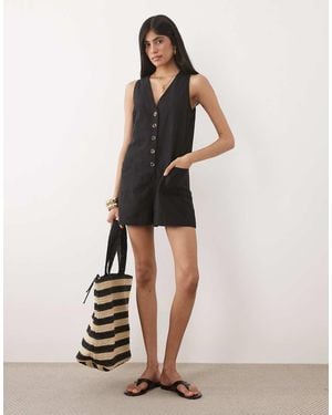 New Look V Neck Button Through Playsuit - Natural