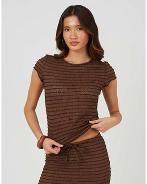 Brave Soul Textured Jersey Stripe Short Sleeve Top - Brown