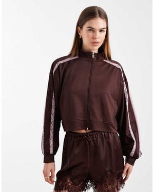 ASOS Lace Trim Detail Funnel Neck Tricot Track Jacket - Red