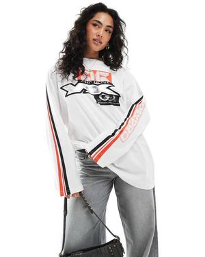 Monki Oversized Long Sleeve Top With Motocross Print - White
