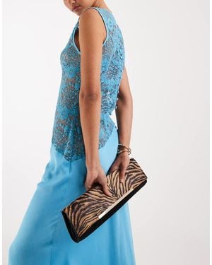 ASOS Suede & Hair On Real Leather With Tiger Print Elongated Clutch Bag With Bar Detail - Blue