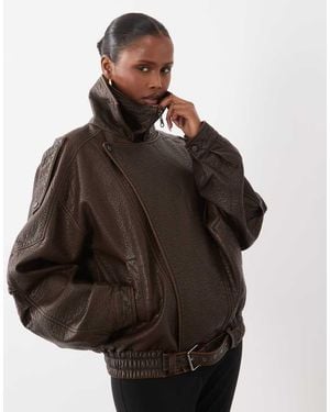 Noughts & Kisses Eska Faux Leather Funnel Neck Buckle Detail Oversized Bomber Jacket - Brown