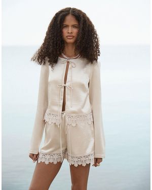 4th & Reckless Satin Tie Front Crochet Trim Beach Top Co-ord - Natural