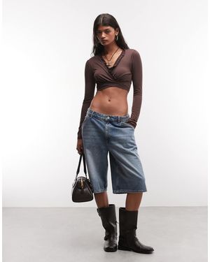 Reclaimed Vintage Tie-front Long Sleeve Cropped Top - Brown
