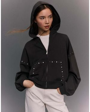 Bershka Zip-Up Studded Hood Sweatshirt - Grey