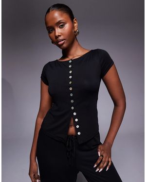 Princess Polly Angellina Boat Neck Pearl Button Through Short Sleeve Top - Blue