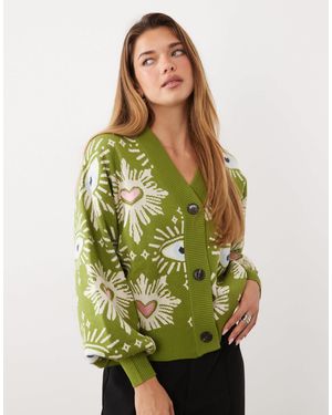 Never Fully Dressed Knit V-neck Diamante Heart Detail Cardigan - Green