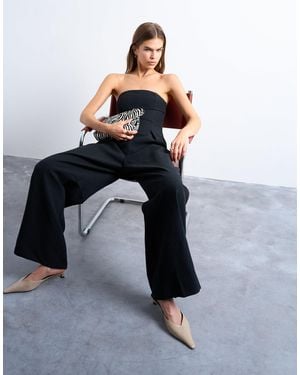 TOPSHOP Seamed Wide Leg Linen Jumpsuit - Blue