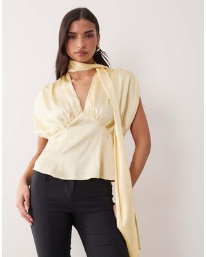 ASOS Satin Scarf And Volume Detail Blouse - Natural