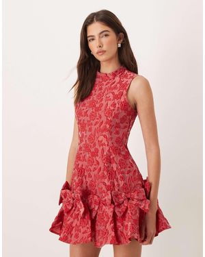 Sister Jane Exclusive Jacquard Sleeveless Cinched Waist Bow Hem Mini Dress - Red