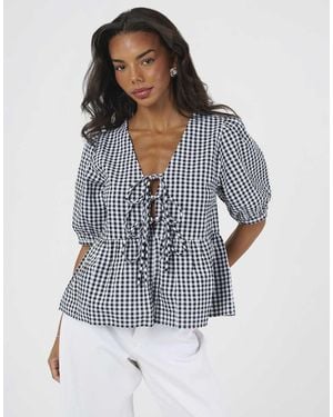 Brave Soul Short Puff Sleeve Gingham Tie Front Blouse - Blue
