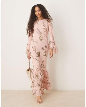 ASOS Tiered Ruffle Long Sleeve Chiffon Maxi Dress - Pink