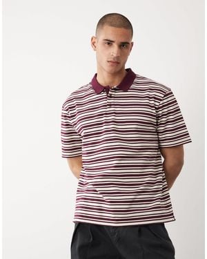 Threadbare Polo décontracté à manches courtes en maille rayée - prune et écru - Rouge