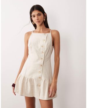 SNDY'S Linen & Cotton Blend Square Neck Button Detail Ruffle Hem Mini Dress - Natural