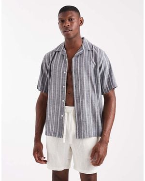 Only & Sons Camisa Azul Marino A Rayas De Manga Corta De Mezcla De Lino De - Multicolor