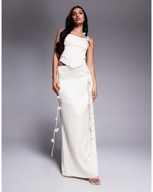 Wanderdoll Esmerelda Premium Satin Drape Flower Detail Maxi Skirt Co-ord - Grey