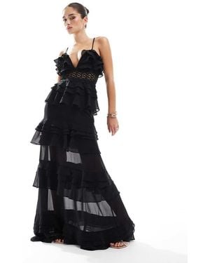 True Decadence Plunge Front Tiered Ruffle Maxi-Dress - Black