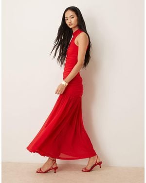 Bardot Orlana Mesh High Neck Dropped Waist Maxi Dress - Red