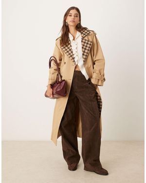 Nobody's Child Trench Coat With Contrast Check Collar - Natural