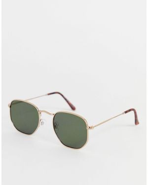 River Island – Sechseckige, goldene Sonnenbrille - Mettallic