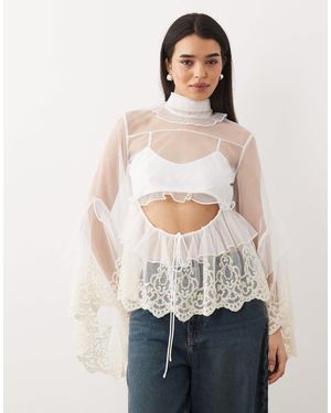 Bardot Anyssa High Neck Embroidered Lace Ruffle Cut Out Detail - Natural