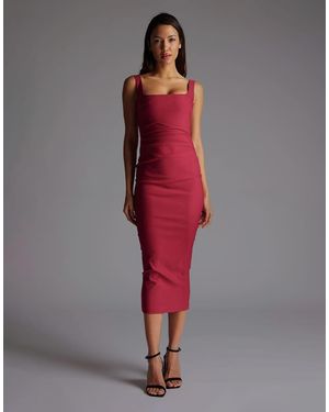 Vesper Square Neck Midaxi Dress With Waist Pleats - Red