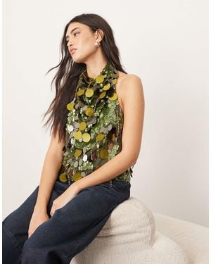ARRANGE Embellished Sequin And Fringe Halter Cowl Neck Top - Blue