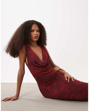 Mango Cowl Neck Mesh Maxi Dress - Red