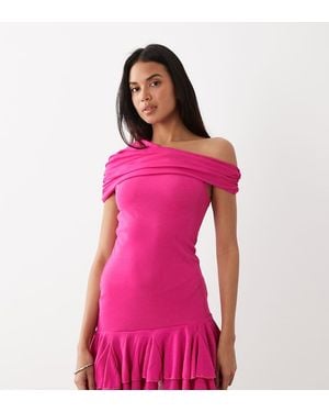 Kaiia Exclusive Textured Mesh Drape Off Shoulder Rara Hem Mini Dress - Pink