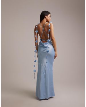 Wanderdoll Aria Satin Cowl Neck Drape Flower Detail Cross Back Maxi Dress - Blue