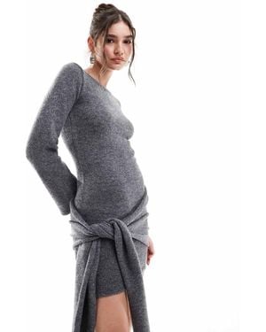 4th & Reckless Knitted Wide Sleeve Knot Detail Mini Jumper Dress - Grey