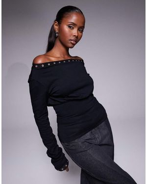 Fashionkilla Exclusive Cotton Rich Eyelet Detail Off Shoulder Cinch Waist Top - Blue