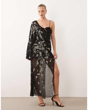 ASOS Draped Batwing Sleeve Embellished Maxi Dress With Lace - Black