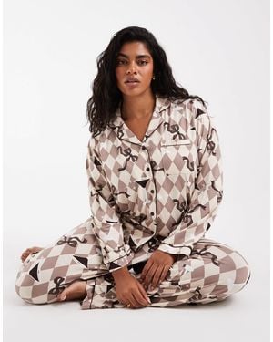 Loungeable Curve Revere Button Up Shirt And Trouser Pyjama Set - Brown