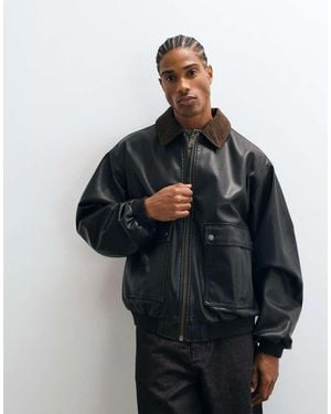 ASOS Leather Look Bomber Jacket With Contrast Collar - Blue